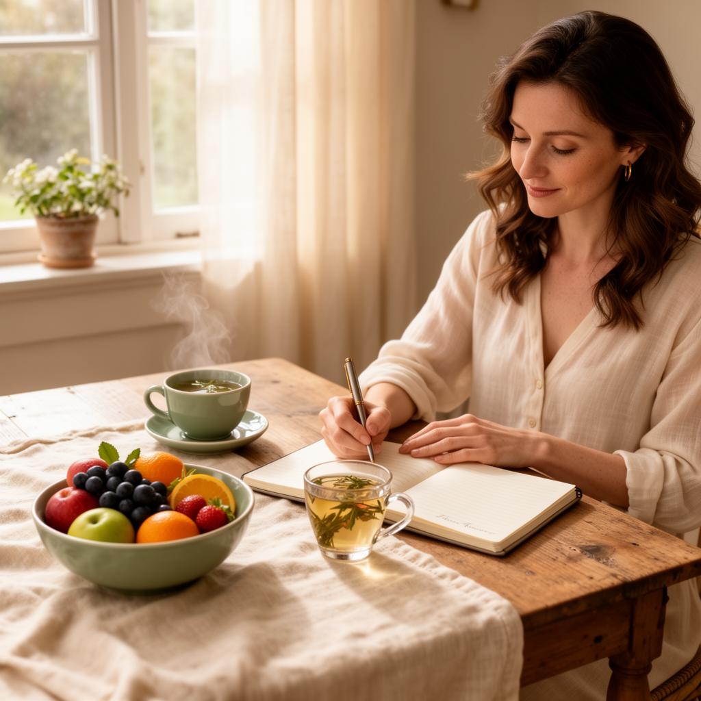 Mulher escrevendo em planner ao lado de chá e frutas